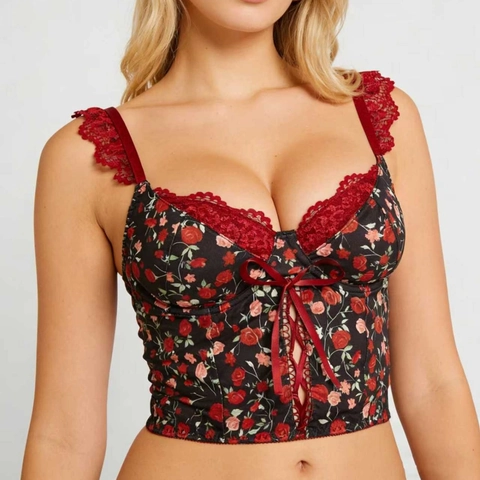Vintage Franse Stijl Rozenprint Corset Tanktop Voor Dames Kantafwerking V-Hals Strik Strak Sexy Crop Top Mouwloos