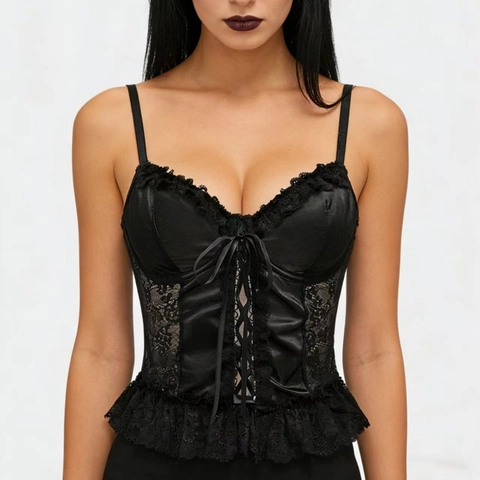 Top Corsetto Gotico in Raso e Pizzo Donna Estetica Dark Y2K Mesh Patchwork Fiocco Stringato Cami Top Bustier Sexy Clubwear