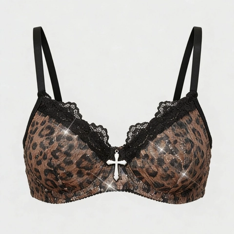 Women Sexy Leopard Print Sequin Bra With Silver Cross Pendant Lace Trim Underwear Nightclub Gothic Style Push Up Lingerie