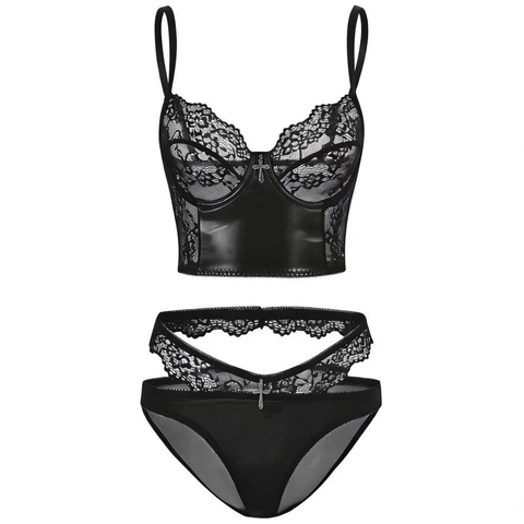 Damen Gothic Sexy Lingerie Set Spitze PU Leder Patchwork Bustier Top Und Panty Mit Kreuz Metallanhänger Schwarz