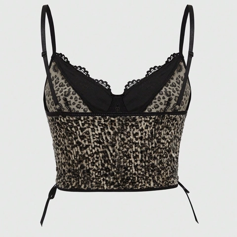 Damen Y2K Leopardenmuster Samt Unterhemd Sexy Spitzenbesatz V-Ausschnitt Schlanke Passform Schnürung Trägertop Crop Top