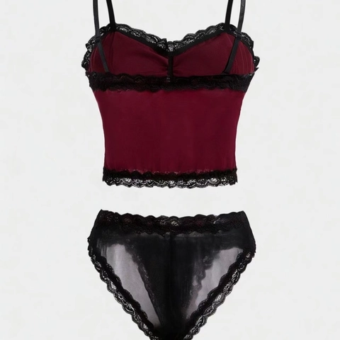 Completo Intimo Donna Velluto Bordeaux Bordo Pizzo Nero Ciondolo Croce Argento Stile Gotico Canotta E Slip Abbigliamento Due Pezzi