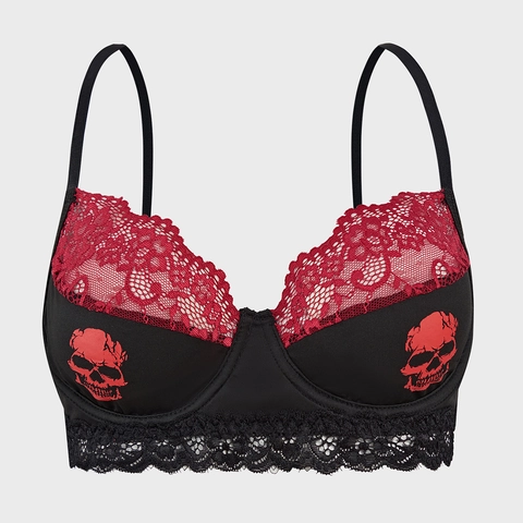 Gothic Totenkopf Druck Spitzenbesatz Bügel BH Damen Sexy Schwarz Rot Patchwork Bralette Französischer Stil Top Ohne Verschluss