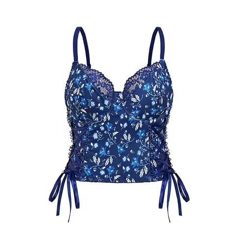 Damen Corset Top Mit Blumendruck Sexy Schnürung Bustier Unterlegt Camisole Spitzenbesatz Rückenfrei Polyester Sommer Tank Top Blau