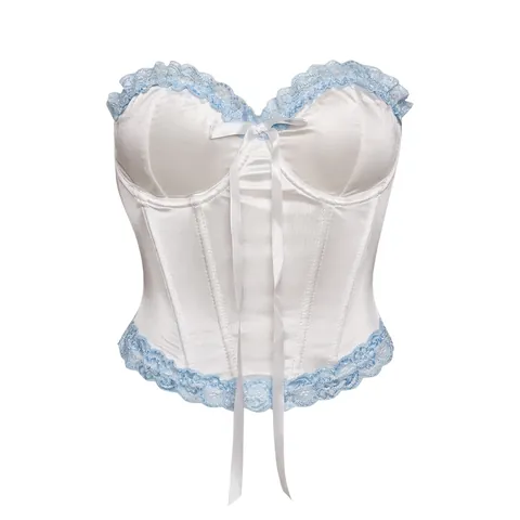 Top a Corsetto in Raso Bianco Stile Francese Donna Patchwork di Pizzo Blu Fiocco Bustier Steccato Slim Fit Sexy Crop Top
