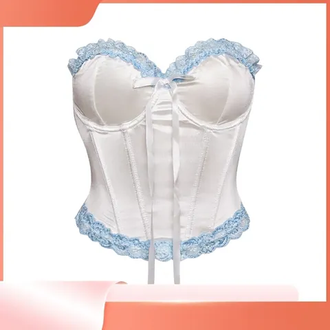 Top a Corsetto in Raso Bianco Stile Francese Donna Patchwork di Pizzo Blu Fiocco Bustier Steccato Slim Fit Sexy Crop Top