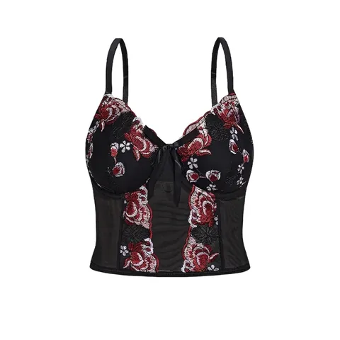 Retro Sexy Mesh Floral Embroidery Bustier Top Women Black Underwire Fishbone Corset Slim Fit Camisole Lace Bow Aesthetic