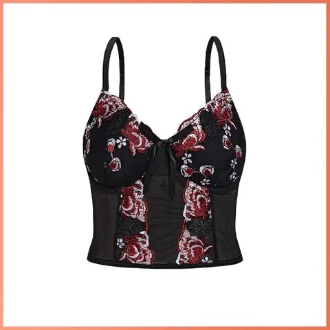 Retro Sexy Mesh Blumenstickerei Bustier Top Damen Schwarz Bügel Fischgräten Korsett Slim Fit Camisole Spitze Schleife
