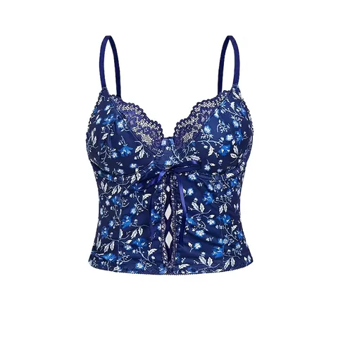 Haut Corset en Maille Imprimé Floral Sexy pour Femmes Bleu Foncé Laçage avec Armatures Caraco Coupe Slim Sans Manches Clubwear