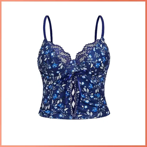 Dames Sexy Bloemenprint Mesh Corset Top Donkerblauw Vetersluiting Met Beugel Camisole Slim Fit Mouwloos Party Clubwear Crop Top