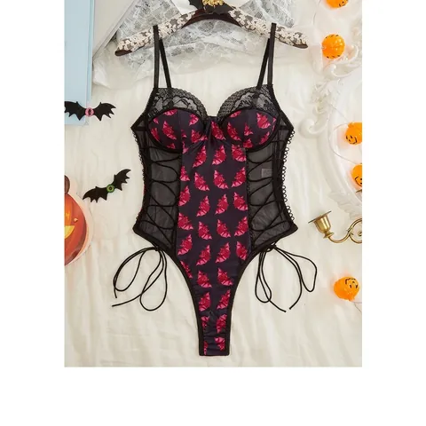 Bodysuit da Donna Sexy Halloween con Stampa Pipistrello in Pizzo Trasparente Gotico con Ferretto Patchwork in Mesh Lingerie Nero Rosa Rosso