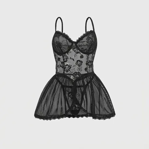 Lingerie Sexy da Donna in Pizzo e Mesh Nero con Ricamo di Rose Abito Babydoll Trasparente e Perizoma con Ferretto