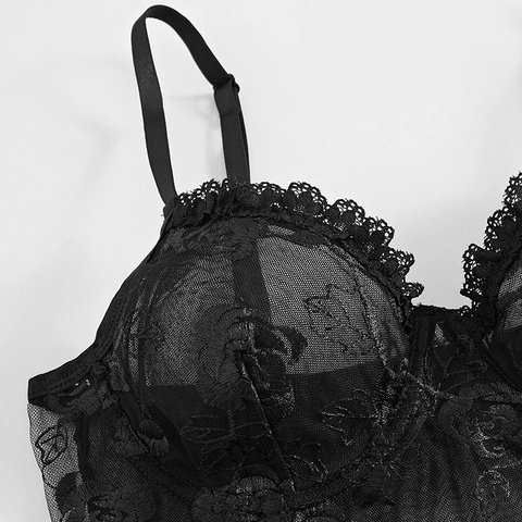Lingerie Sexy da Donna in Pizzo e Mesh Nero con Ricamo di Rose Abito Babydoll Trasparente e Perizoma con Ferretto