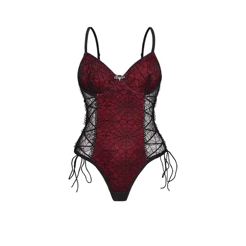 Body Donna Sexy Gotico in Pizzo Halloween Ragnatela Con Ferretto Lingerie Top Con Ciondolo a Pipistrello Rosso Nero Senza Maniche