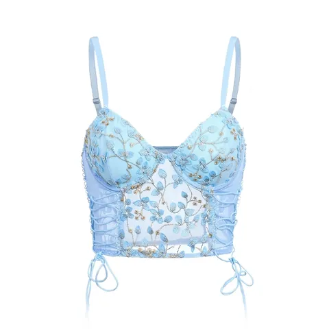 Canotta da Donna Sexy Francese Blu Chiaro Mesh Ricamo Floreale Bustier Corsetto Top Allacciatura Senza Maniche Push Up Slim Fit
