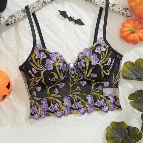 Women Halloween Mesh Floral Embroidery Underwire Bra Sexy Gothic Black Purple Flower Bustier With Bat Pendant Crop Top