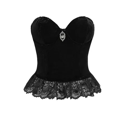 Donna Gotico Nero Velluto Pizzo Patchwork Corsetto Top Metallo Pipistrello Pendaglio Ferretto Schiena Scoperta Sexy Bustier Party Clubwear