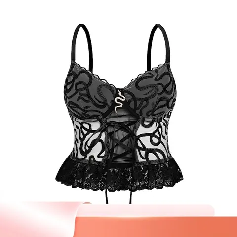 Top Corsetto Gotico Nero da Donna Con Ferretto Maglia Trasparente Stringato Camisole Con Pendaglio Serpente in Metallo Lingerie
