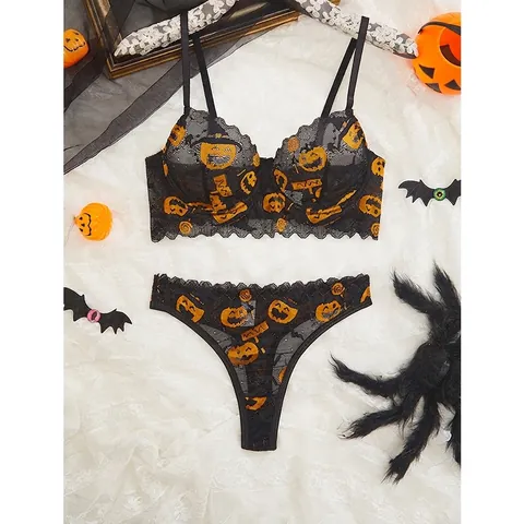 Sexy Halloween Zucca Ricamo Pizzo Maglia Reggiseno E Mutandine Lingerie Intimo Costume Vacanza Festa Nero Donna