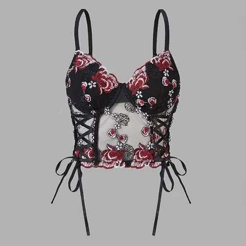 Γυναικείο Σέξι Bustier Top από Πλέγμα με Κέντημα Λουλουδιών Vintage Camisole Tank Top Στενή Γραμμή Corset με Μπανέλες