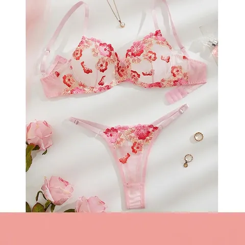 Dames Roze Mesh Bloemenborduurwerk Sexy Lingerieset Romantische Verstelbare BH En String Tweedelige Lingerie