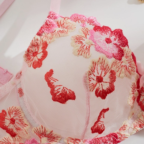 Dames Roze Mesh Bloemenborduurwerk Sexy Lingerieset Romantische Verstelbare BH En String Tweedelige Lingerie