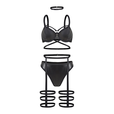 Vrouwen Sexy PU Leer Riemchen Lingerie Set Met Kruis Hanger Gothic Opengewerkte Beha En Slip Harness Beenringen Zwart