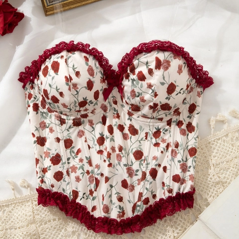 Women Vintage Rose Print Corset Top Sexy Lace Patchwork Fishbone Bustier Sweet Floral Cami Top With Transparent Straps