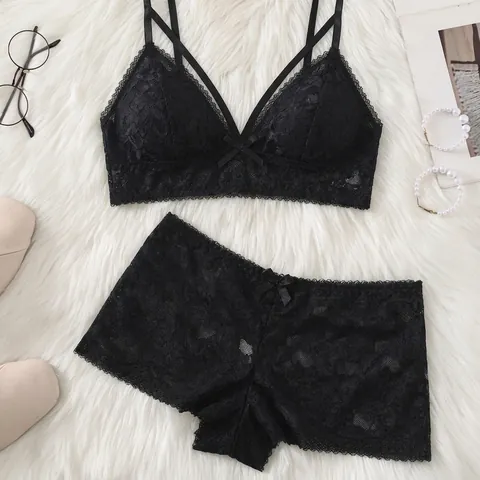 Lingerie Sexy da Donna in Pizzo Nero Reggiseno Trasparente Floreale e Pantaloncini in Rete di Pizzo Traspirante per Donna