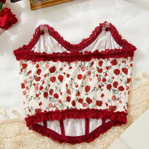 Women Vintage Rose Print Corset Top Sexy Lace Patchwork Fishbone Bustier Sweet Floral Cami Top With Transparent Straps