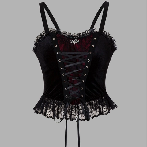 Top Corsetto in Velluto Gotico Canotta Patchwork in Pizzo Donna Halloween Party Dark Punk Scollo a V Ciondolo Pipistrello