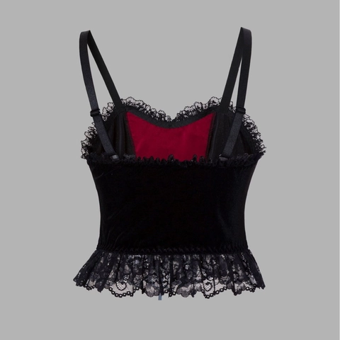 Top Corsetto in Velluto Gotico Canotta Patchwork in Pizzo Donna Halloween Party Dark Punk Scollo a V Ciondolo Pipistrello