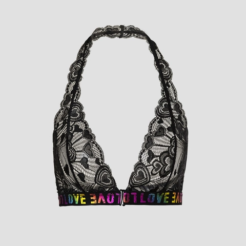 Bralette Sexy in Pizzo Nero con Scollo all'Americana Lettera LOVE Arcobaleno Fascia Elastica Senza Ferretto Lingerie