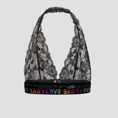 Bralette Sexy in Pizzo Nero con Scollo all'Americana Lettera LOVE Arcobaleno Fascia Elastica Senza Ferretto Lingerie