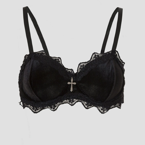 Gotisch Schwarz Samt BH Spitzenbesatz Push Up Bralette Mit Silber Kreuz Anhänger Vintage Dunkle Ästhetik Damen Lingerie