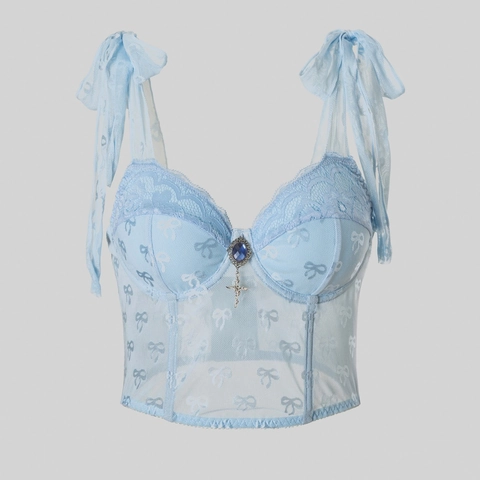 Damen Sexy Hellblau Spitze Korsett Top Vintage Schleife Druck Unterhemd Bandschultergurte Edelstein Kreuz Anhänger Netz Tank Top