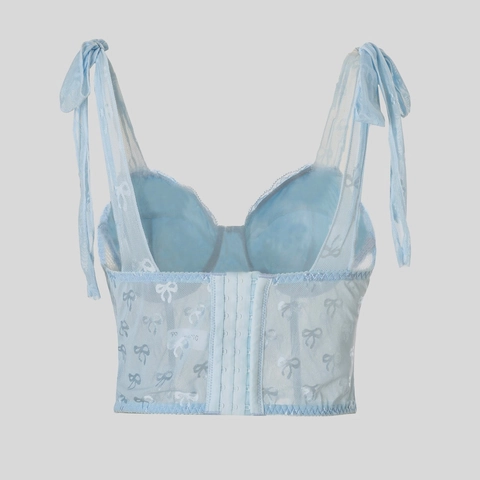 Damen Sexy Hellblau Spitze Korsett Top Vintage Schleife Druck Unterhemd Bandschultergurte Edelstein Kreuz Anhänger Netz Tank Top