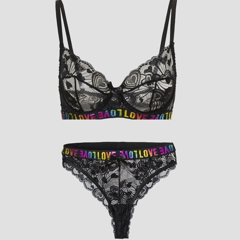 Damen Sexy Schwarz Spitze BH Und Slip Herz Muster Regenbogen Liebe Buchstabe Bügel Dessous Blumen Schleife Unterwäsche