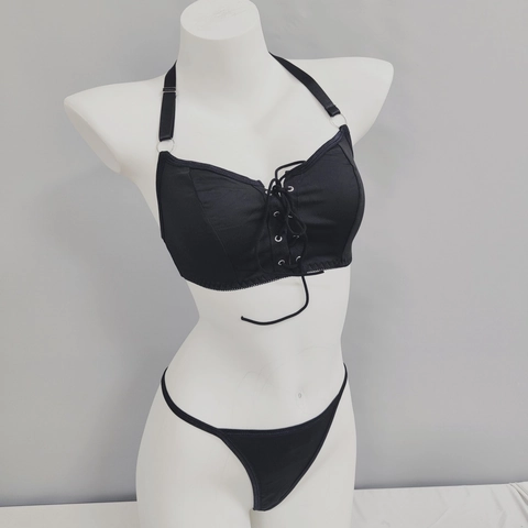 Ensemble de Lingerie Sexy en Satin Noir à Dos Nu pour Femmes Bikini à Lacets pour Pole Dance Spectacle Clubwear Deux Pièces
