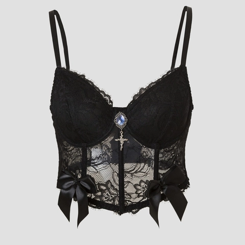 Top Corsetto Gotico da Donna in Pizzo Nero Bustier con Pendaglio a Croce in Gemma Blu Fiocco Scollo a V Sexy Aderente Canotta