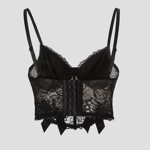 Top Corsetto Gotico da Donna in Pizzo Nero Bustier con Pendaglio a Croce in Gemma Blu Fiocco Scollo a V Sexy Aderente Canotta