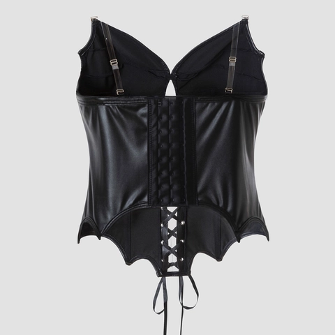 Top Corsetto Gotico Punk Nero in Pelle PU Donna Bustino con Stringhe e Spalline Trasparenti Canotta Aderente per Feste