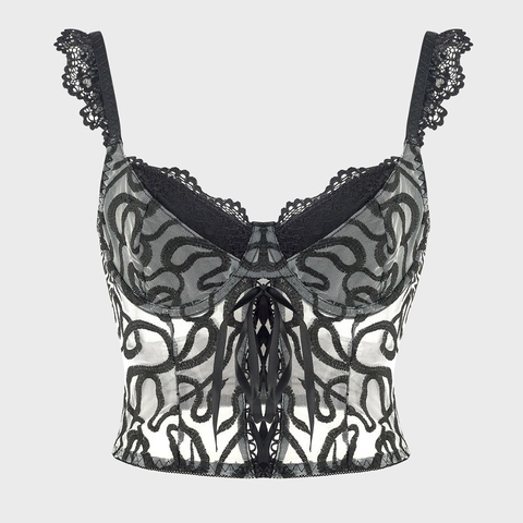 Dames Vintage Zwart Kant Geborduurd Korsettop Sexy Mesh V-Hals Verstelbaar Vetersluiting Slim Fit Crop Cami Vest