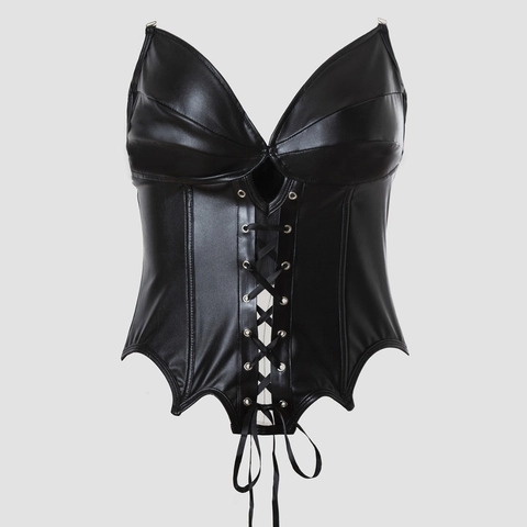 Top Corsetto Gotico Punk Nero in Pelle PU Donna Bustino con Stringhe e Spalline Trasparenti Canotta Aderente per Feste