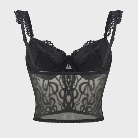 Dames Vintage Zwart Kant Geborduurd Korsettop Sexy Mesh V-Hals Verstelbaar Vetersluiting Slim Fit Crop Cami Vest