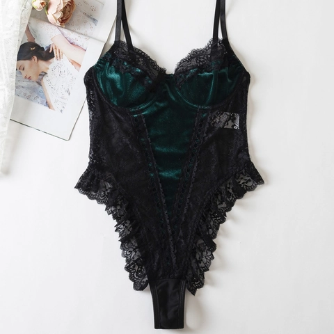 Body Sexy da Donna in Velluto e Pizzo Patchwork Verde Scuro con Ferretto Spalline Regolabili Lingerie Stile Palazzo
