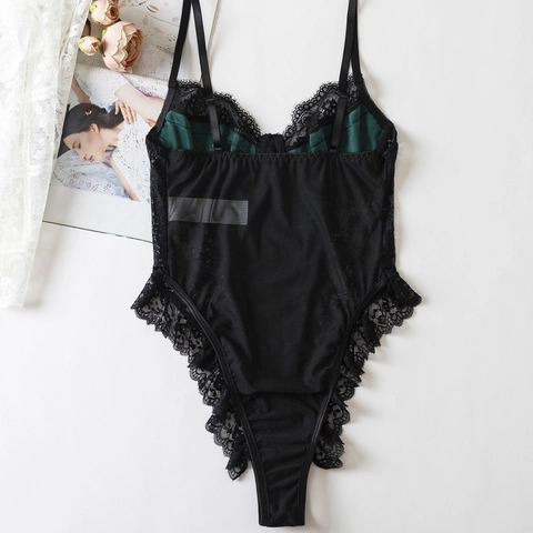 Body Sexy da Donna in Velluto e Pizzo Patchwork Verde Scuro con Ferretto Spalline Regolabili Lingerie Stile Palazzo