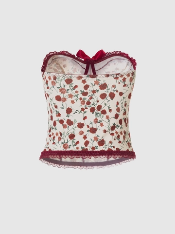 Women Vintage Rose Floral Corset Top Lace Trim Bow Strapless Slim Fit Milk Silk Bustier Tube Top Wine Red Sleeveless Vest