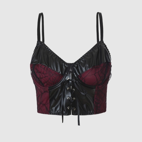 Women's Gothic Corset Top PU Leather Spider Web Lace Contrast Color Vintage Punk Lace-Up Camisole For Halloween Party
