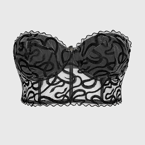 Women Gothic Black Mesh Corset Top Serpent Embroidery Bustier With Silver Bat Buckle Plus Size Halloween Gothic Top